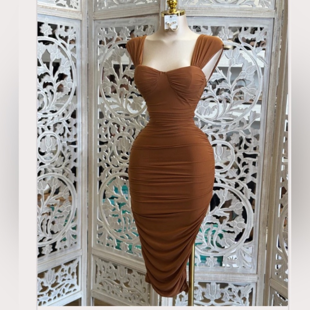Elegant Brown Ruched Dress